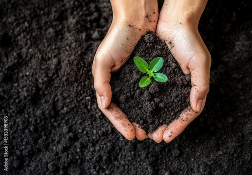 Hands Gently Cradle Young Sprout in Rich Soil:  Environmental Conservation and New Growth in Nature