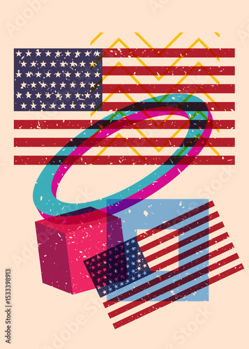 Risograph American Flag with geometric shapes. Objects in trendy riso graph print texture style design with geometry elements.