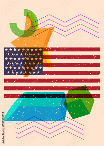 Risograph American Flag with geometric shapes. Objects in trendy riso graph print texture style design with geometry elements.
