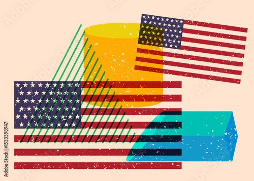 Risograph American Flag with geometric shapes. Objects in trendy riso graph print texture style design with geometry elements.
