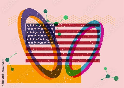 Risograph American Flag with geometric shapes. Objects in trendy riso graph print texture style design with geometry elements.