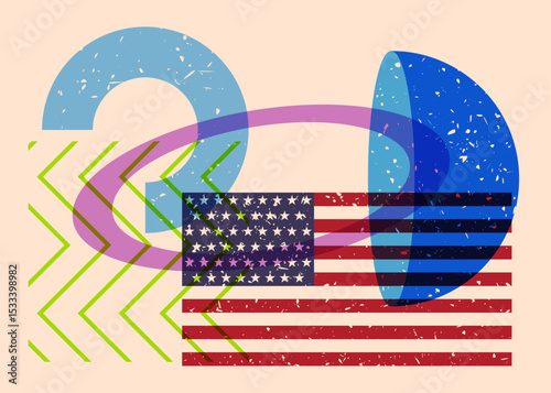 Risograph American Flag with geometric shapes. Objects in trendy riso graph print texture style design with geometry elements.
