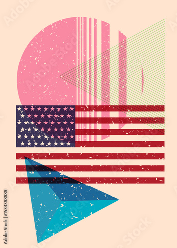 Risograph American Flag with geometric shapes. Objects in trendy riso graph print texture style design with geometry elements.