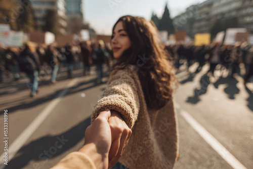 protester of color holding hands with another unseen person standing firmly on city street background showing