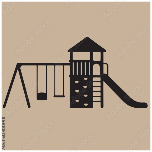 Black silhouette playground equipment vector illustration featuring swings slide and tower