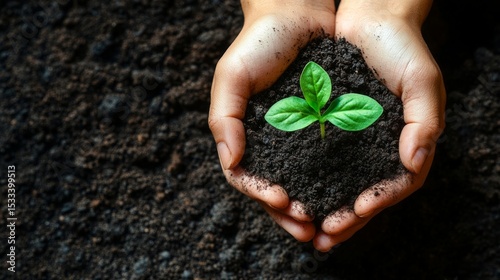 Protecting New Life: Hands Gently Holding a Young Sprout Emerging from Rich Soil in an Outdoor Garden Setting