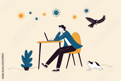 Boredom work from home in Coronavirus outbreak social distancing, stay home, boring low productivity concept, office guy working at home with computer laptop boring with COVID-19 virus pathogen.