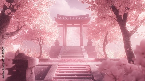 Cherry Trees Framed by Garden Shrines in Soft Light, Elegant Pagoda Surrounded by Cherry Blossoms and Floating Red Lanterns

