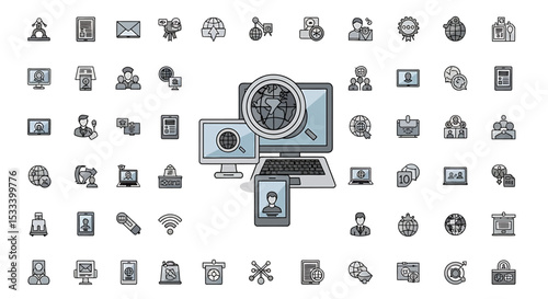 Set of Vector Icons Digital Devices with Global Search and Communication Icons. Vector Illustrations