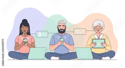 Set of Vector Icons Digital Detox Diverse People Relaxing During a Break from Technology. Vector Illustrations