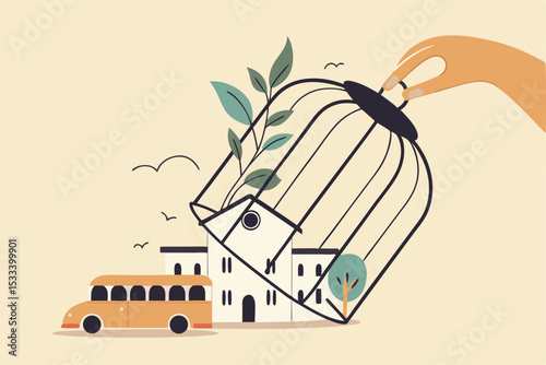 School reopen and keep social distancing after COVID-19 lockdown to prevent Coronavirus spreading in children concept, hand open bird cage over school to let school bus to go to pick up students.