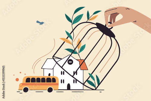 School reopen and keep social distancing after COVID-19 lockdown to prevent Coronavirus spreading in children concept, hand open bird cage over school to let school bus to go to pick up students.