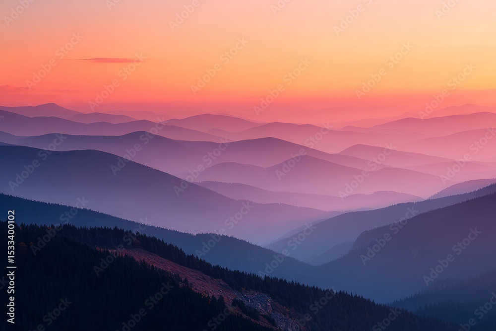 Fototapeta premium a beautiful sunset over rolling mountain ranges.