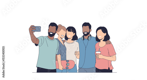 Diverse Friends Taking a Selfie: Modern Vector Illustration
