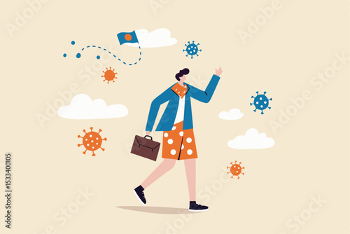COVID-19 change working habit, post pandemic future or working from home or remote work productivity concept, confidence businessman wearing suit and shorts and face mask as new normal with pathogen.