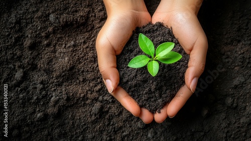 Protecting Our Planet: Hands Gently Holding a Young Sprout in Rich Soil, Symbolising Environmental Conservation and New Growth.