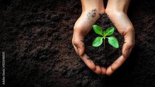 Protecting New Life: Hands Gently Holding a Young Sprout in Rich Soil, Outdoors, Symbolizing Environmental Conservation and Growth