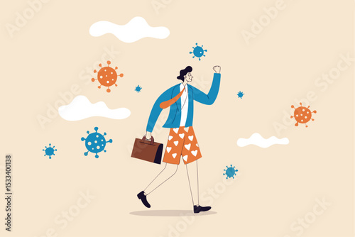 COVID-19 change working habit, post pandemic future or working from home or remote work productivity concept, confidence businessman wearing suit and shorts and face mask as new normal with pathogen.