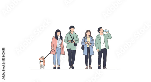 Minimalist Illustration of Tourists and Dog
