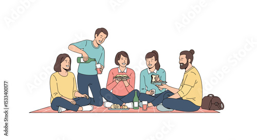 Picnic Gathering: Friends Sharing Food and Wine Outdoors