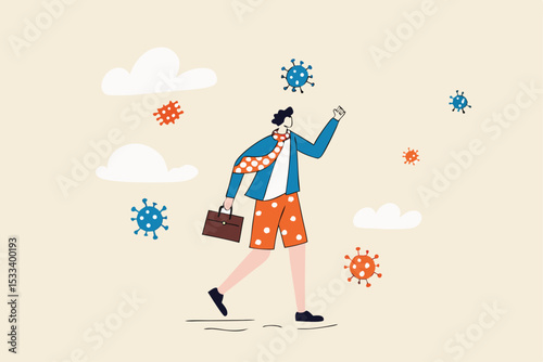 COVID-19 change working habit, post pandemic future or working from home or remote work productivity concept, confidence businessman wearing suit and shorts and face mask as new normal with pathogen.