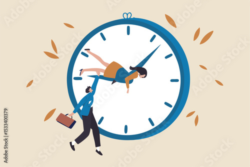 Work life balance, work overtime, people work late when work from home, personal time blend with working hours concept, tired businessman holding clock minute hand while same one sleeping on hour hand