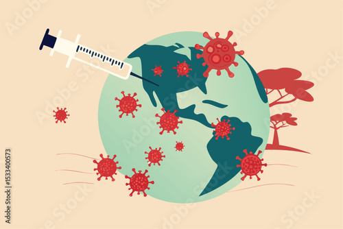 Coronavirus vaccine concept, syringe of vaccine and needle planting on USA United States map on green sickness planet earth with red Coronavirus COVID-19 pathogen around.