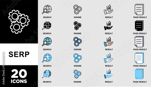 SERP  icon set with various styles and colors of web search, computer, search engine, mobile search, page result, and statistics graph