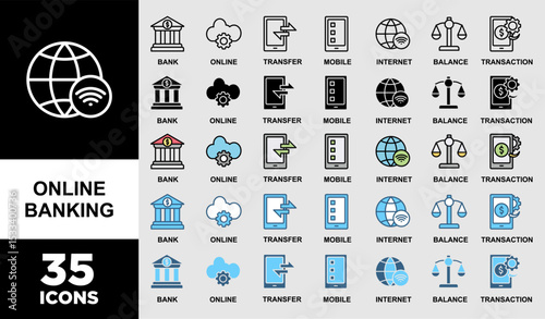 ONLINE BANKING  icon set with various styles and  colors of account, online payment, transfer funds, mobile banking, internet banking, balance check, transaction report, global transfer