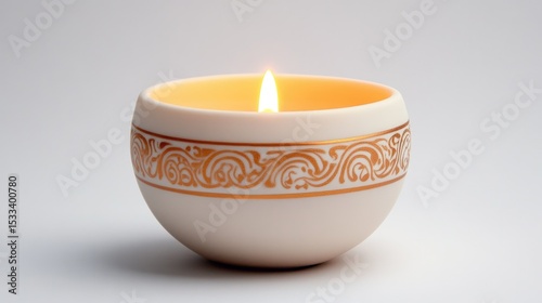 candle, Ornate Ceramic Bowl with Orange Floral Border