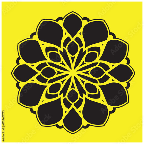 Elegant black mandala design centered on a vibrant yellow background for decorative purposes