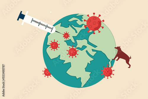Coronavirus vaccine concept, syringe of vaccine and needle planting on USA United States map on green sickness planet earth with red Coronavirus COVID-19 pathogen around.