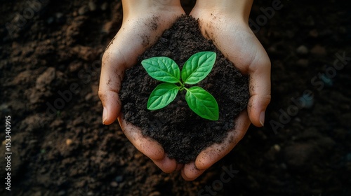 Protecting Our Planet: Hands Gently Holding a Young Sprout in Rich Dark Soil Outdoors