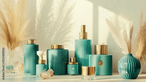 Elegant Teal Glass Bottles with Gold Accents in a Luxurious Display