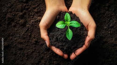 Protecting New Life: Hands Gently Holding a Young Plant Sprout in Rich Dark Soil Outdoors