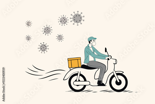 Food delivery, bike deliver food, goods or groceries in Coronavirus outbreak, social distancing people stay home order food online with delivery service, man riding bike deliver food, COVID-19 virus.