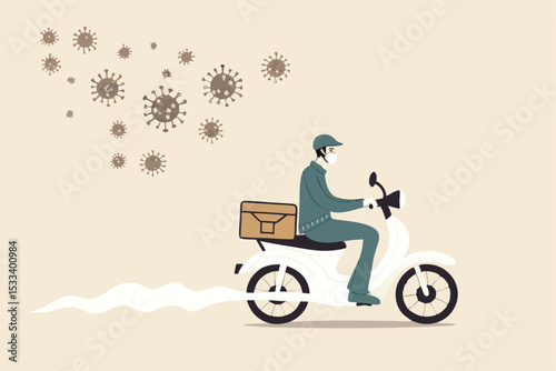 Food delivery, bike deliver food, goods or groceries in Coronavirus outbreak, social distancing people stay home order food online with delivery service, man riding bike deliver food, COVID-19 virus.