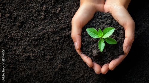 Hands Gently Holding Young Sprout in Rich Dark Soil, Symbol of Growth, Sustainability, and Environmental Conservation