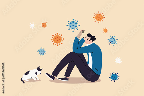 Coronavirus pandemic fatigue, exhausted from being alone or stressed from COVID-19 quarantine lockdown for long time concept, fatigue depressed man sitting sadly alone with cat in his quarantine home.