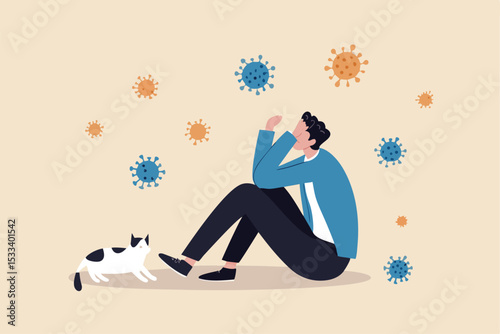 Coronavirus pandemic fatigue, exhausted from being alone or stressed from COVID-19 quarantine lockdown for long time concept, fatigue depressed man sitting sadly alone with cat in his quarantine home.