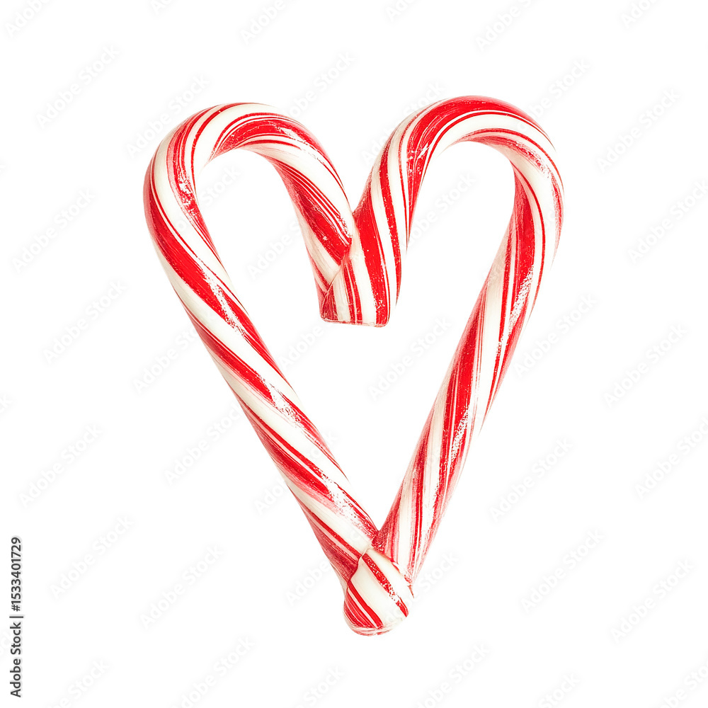 Fototapeta premium Two candy canes shaped as a heart, red and white stripes, transparent background, festive holiday treat, sweet confectionery, Christmas symbol, love concept,