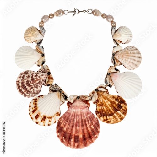 Seashell Necklace with Brown and Pink Shells on White Background