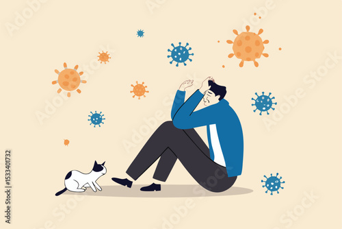 Coronavirus pandemic fatigue, exhausted from being alone or stressed from COVID-19 quarantine lockdown for long time concept, fatigue depressed man sitting sadly alone with cat in his quarantine home.