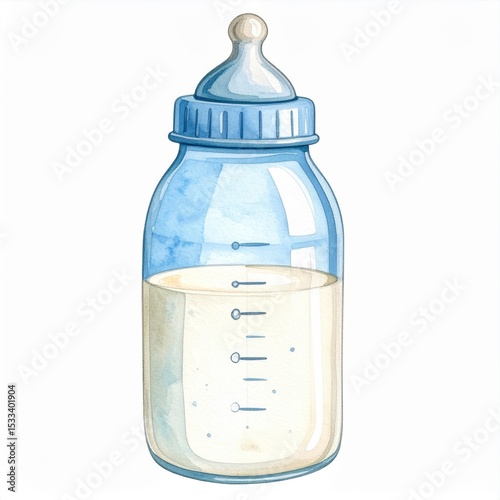 Watercolor Illustration of a Baby Bottle Filled with Milk