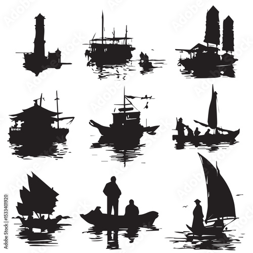 boat silhouette set, Black & White silhouette set 
