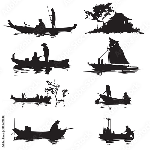 boat silhouette set, Black & White silhouette set 