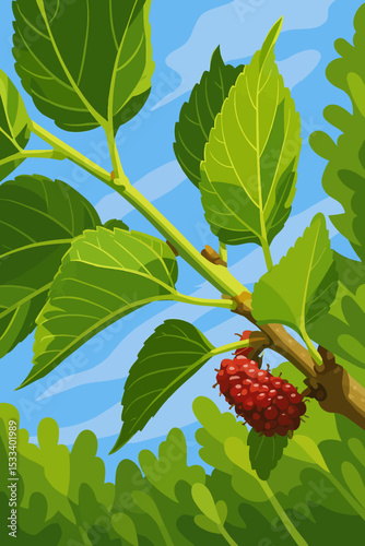 A bright and clean vector illustration of a mulberry branch with fresh green leaves and a cluster of ripe red mulberries. The background features a vivid blue sky with soft cloud shapes, enhancing the