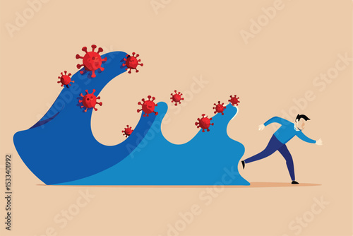 Coronavirus crisis destruction waves, second and third waves will be worse and disaster critical concept, fear and panic businessman run away from waves of COVID-19 coronavirus pathogen impact.