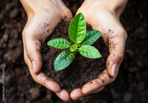 Hands Gently Holding a Young Sprout in Rich Soil:  Symbol of Growth, Environmental Conservation, and New Beginnings in Nature.