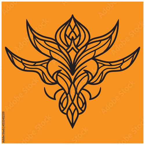 Ornate black floral design with symmetry on a vibrant orange background for graphic use
